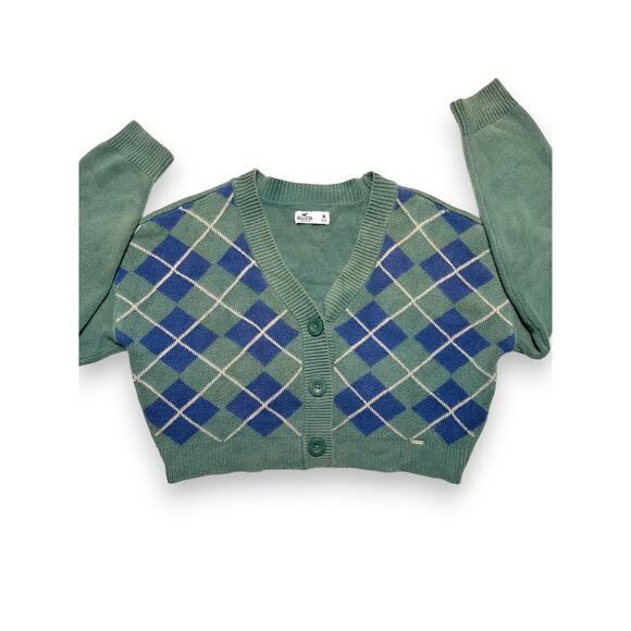 Y2k Hollister Argyle Knit Green/Blue Slight Crop Cardigan Sweater Size Medium - Picture 4 of 14